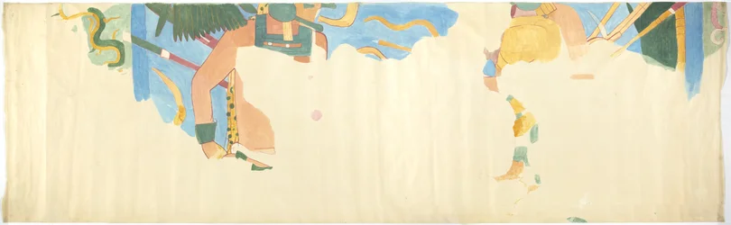 Abzeichnung eines Wandgemäldes in Chichen Itza, Mexiko von der Ostwand, innerer Mittelraum, Oberer Tempel der Jaguare, Großer Ballspielplatz