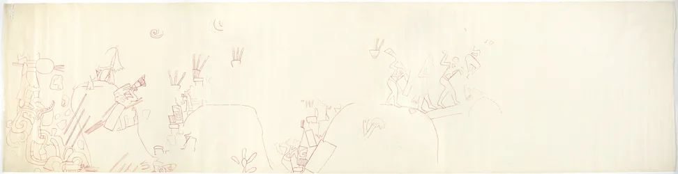 Nachzeichnung eines Wandgemäldes von der Ostwand, Oberer Tempel der Jaguare, Chichen Itza, Mexiko