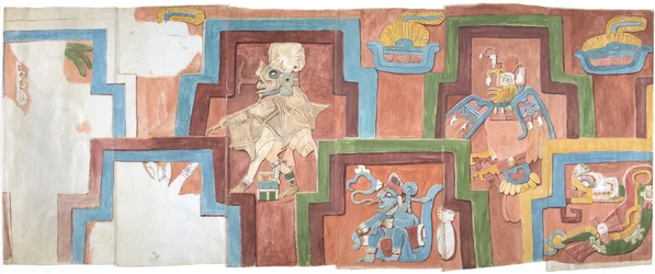 Aquarellkopie der Stuckfassade des Tempels auf der Pyramide in Acanceh, Vollmaßstab, zwei Reihen von Figuren innerhalb eines gestuften Rahmens, Figuren 6-11