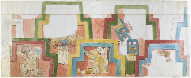 Aquarellkopie der Stuckfassade des Tempels auf der Pyramide in Acanceh, Vollmaßstab, zwei Reihen von Figuren innerhalb eines gestuften Rahmens, Figuren 1-5