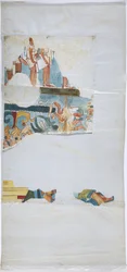 Aquarell auf Leinenpapier, Nachzeichnung eines Wandgemäldes aus einem Gewölbe in einer großen Kammer, Casa de Monjas, Chichen Itza, Mexiko