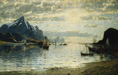 Eine Fjordszene mit Segelschiffen