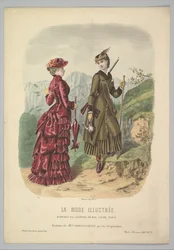Eine Dame im Jagdkostüm mit einer Dame im Spazierkostüm auf einem Bergpfad aus La Mode..., 1881