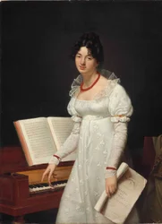Porträt einer Dame neben einem Pianoforte mit einem Manuskript