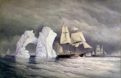 Britische Schiffe Phoenix, Talbot und Diligence überqueren einen Eisberg (Arktisches Kanada). Aquarell von Edward Augustus Inglefield (1820-1894)