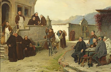 Ankunft der Bettelmönche im Klosterhof