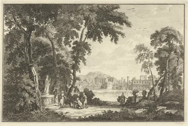 Arkadische Flusslandschaft mit Figuren, die eine Statue anbeten