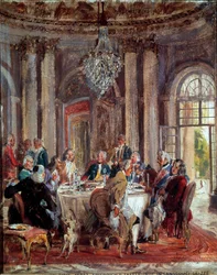 Der runde Tisch von Friedrich II. von Preußen mit Voltaire und Christoph Ludwig von Stille im Schloss Sanssouci