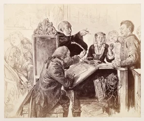 Adam redet während der Verhandlung auf Veit ein, vorn sitzt der Schreiber Licht und tunkt die Feder ein, rechts hinten der Gerichtsrat, im Begriff zu niesen, zu Heinrich von Kleist "Der zerbrochene Krug"