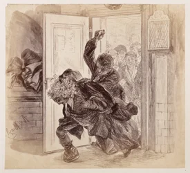 Adam, von Ruprecht verprügelt, stürzt aus dem Gerichtszimmer, Eve und die anderen sehen im Hintergrund zu, zu Heinrich von Kleist "Der zerbrochene Krug"