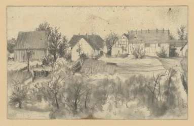 Blick auf Scheunen und Bauernhäuser, im Vordergrund niedrige Bäume und Buschwerk