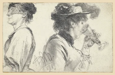 Brustbild einer Dame mit Schleier und aus einem Glas trinkende Dame mit Hut