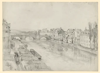 Die Fulda in Kassel. Flusslandschaft mit Brücke und Häusern