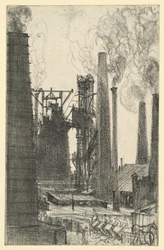 Fabrikplatz mit rauchenden Schloten (Königshütte?)