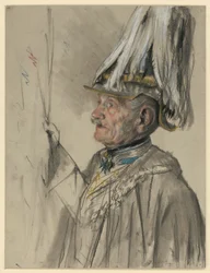 Friedrich Graf von Wrangel im Mantel mit Helm und Federbusch, fast Profil nach links, Porträtstudie zu „Die Krönung Wilhelms I. in Königsberg“