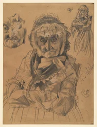 Halbfigur sitzend en face; oben rechts: Kniestück und Auge; links: zwei Gesichtsstudien; unten rechts: kleine Gesichtsstudie; bez. Fr. v. Waldow. Vorstudie zum Gemälde „Flötenkonzert Friedrichs des Großen in Sanssouci“