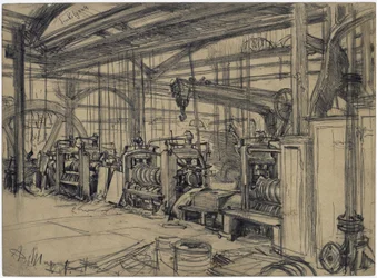 Halle im Walzwerk Königshütte. Studie zum "Eisenwalzwerk. Moderne Zyklopen"