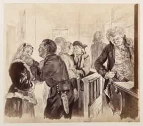 Im Gerichtszimmer nach Adams Flucht. Der Gerichtsrat sieht nach der Uhr. Eve und Ruprecht versöhnen sich, zu Heinrich von Kleist „Der zerbrochene Krug“