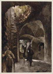 In der Ruine, ein Herr und eine Dame stehen auf einem Treppenabsatz und blicken zu einem großen Loch im Gewölbe empor