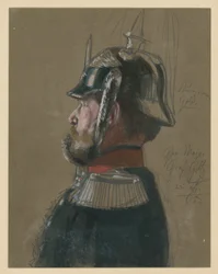 Karl Friedrich Graf von Goltz, Generalmajor, Brustbild mit Helm und Degen, Profil nach links, Porträtstudie zu „Die Krönung Wilhelms I. in Königsberg“