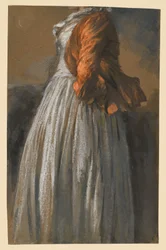 Kleid- und Jackenstudie einer nach rechts stehenden weiblichen Figur