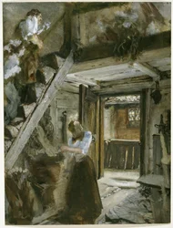 Stiege in einem Bauernhaus mit figürlicher Staffage