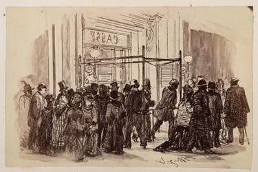 Theaterkasse, die Käufer schieben sich von rechts an die erleuchtete Kasse und entfernen sich nach links, zu Heinrich von Kleist „Der zerbrochene Krug“