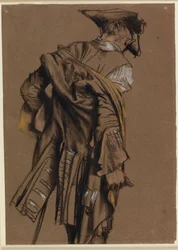 Modell des Künstlers, von hinten gesehen, zieht eine Uniform des 18. Jahrhunderts an
