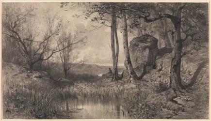 Ein Teich mit einem Fischer am Fluss Ain