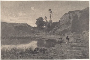 Ein Reiter an einem Bergteich bei Sonnenuntergang