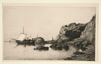 Fischerboot macht Halt an den Felsen von Collioure (Pyrenäen-Orientales)