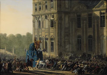 Transport der Statue von Henri IV (1553-1610) vor dem Flora-Pavillon des Louvre, 1818