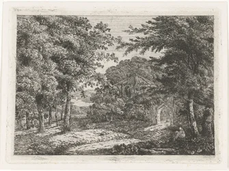 Landschaft mit Kapelle zwischen Bäumen und lesendem Mönch