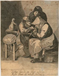 Flötenspielerin und zwei Bauern