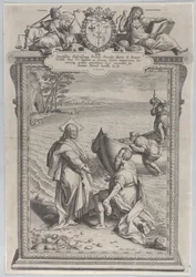 Christus ruft den heiligen Andreas, der vor ihm am Strand kniet, und den heiligen Petrus, der...