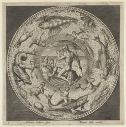 Entwurf für einen Teller mit Neptun in einer von Pferden gezogenen Muschel in einem Medaillon, um 1600
