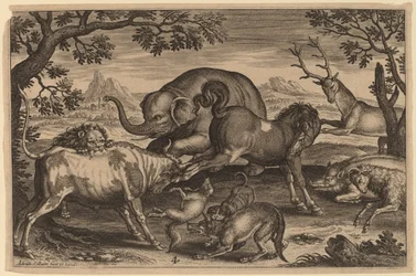 Löwe, Stier, Fuchs, Wolf, Hund, Eber, Ziege, Pferd, Elefant und Hirsch