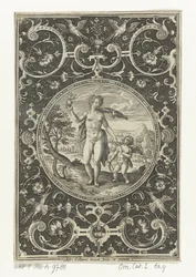 Medaillon mit Venus und Amor in Umrahmung von Grotesken mit Blumen, Girlanden, Tieren und Maskarons