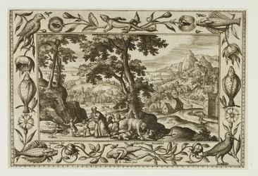 Die von Elija verfluchten und von der Bärin gefressenen spottenden Kinder, aus Landschaften mit alten und neuen Testamentsszenen und Jagdszenen