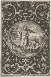 Venus und Amor in einem dekorativen Rahmen mit Grotesken, aus dem Urteil des Paris