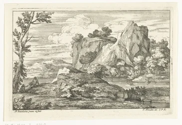 Landschaft mit großem Felsen bei einem Fluss