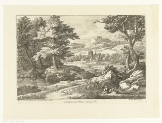 Landschaft mit zwei Figuren entlang eines Weges, in der Ferne eine Kirche