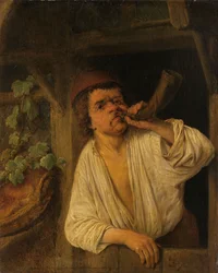 Ein Bäcker, der sein Horn bläst