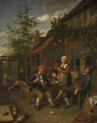 Bauern trinken vor einem Gasthaus