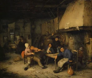 Geigenspieler und trinkende Bauern in einer Taverne, 1663