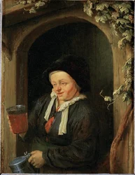 Frau am Fenster mit Krug und Bierglas