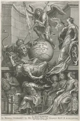 Allegorische Titelseite mit dem niedergeschlagenen Neid Titelseite für: C. Hazart, Kirchengeschichte, 1669