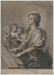 Heilige Cäcilia spielt die Orgel mit zwei Putti links, ca. 1654-77