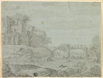 Ruinen mit Blick auf Fluss mit Brücke
