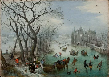 Winterlandschaft mit Schlittschuhläufern nahe einem Schloss, 1615